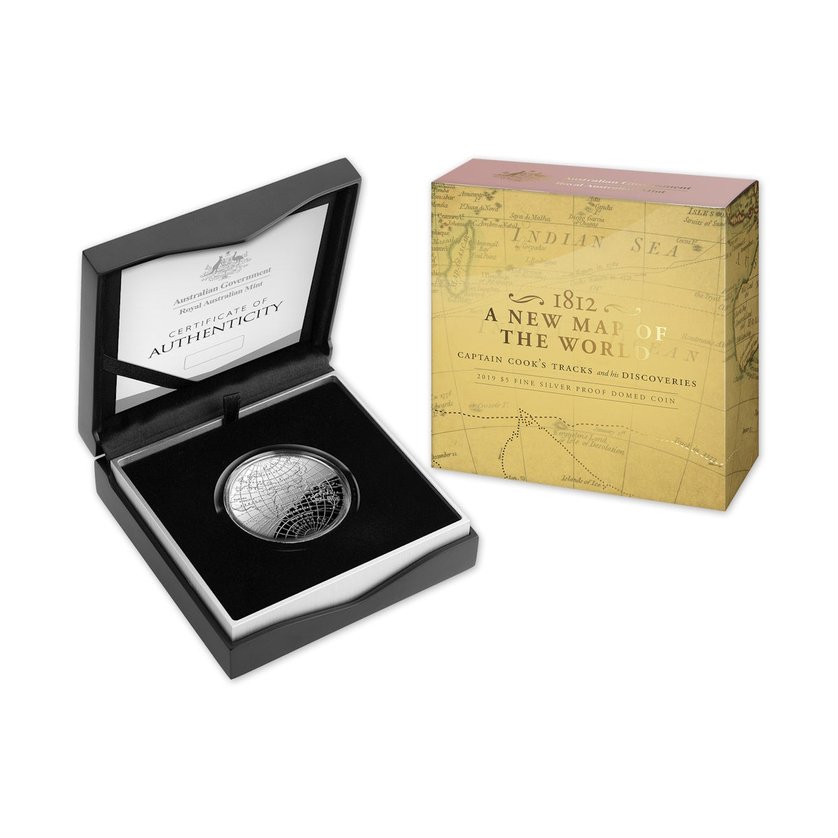 2019 $5 1oz Fine Silver Proof 1812 A New Map of the World - Captain Cook's Tracks
