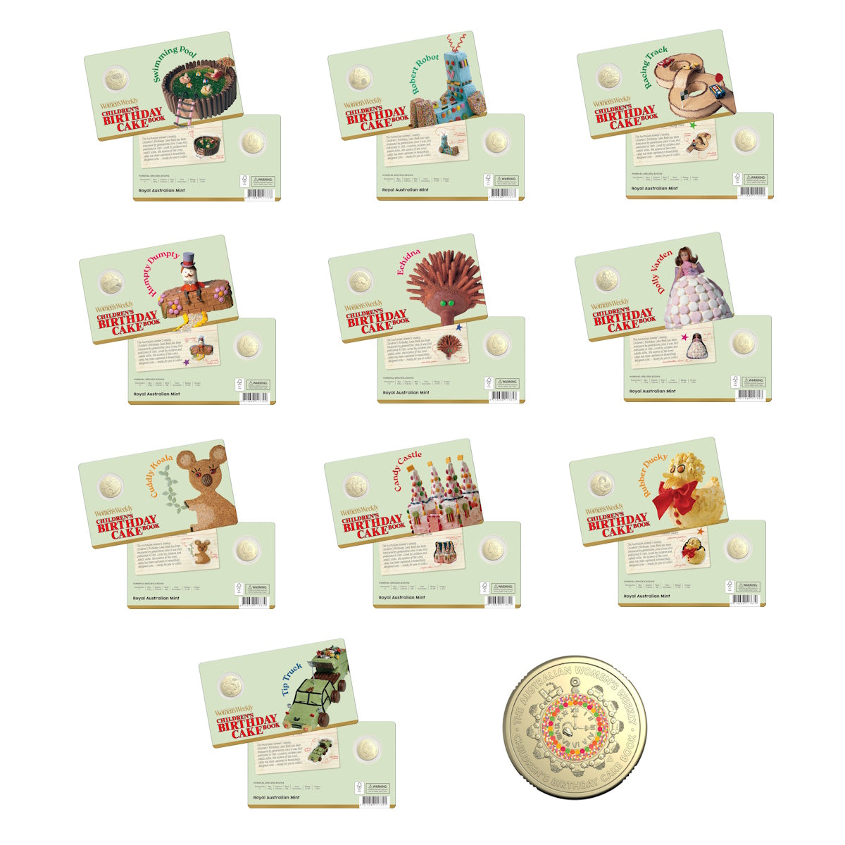 2025 Australia Women's Weekly Children's Birthday Cake 10 Carded Coin And $2 Coloured Coin Bundle