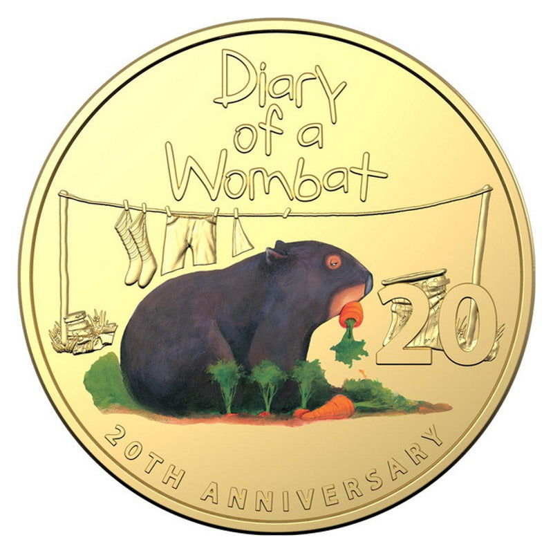 2022 20c Gold Plated Coloured UNC Coin - 20th Anniversary of Diary of a Wombat Deluxe Edition Book