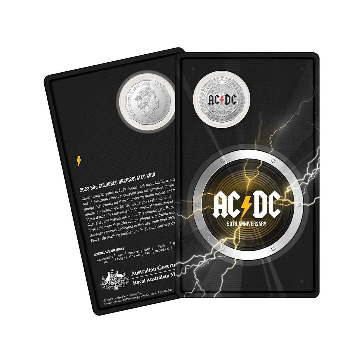 2023 50c 50th Anniversary Of AC/DC Coloured Uncirculated Coin
