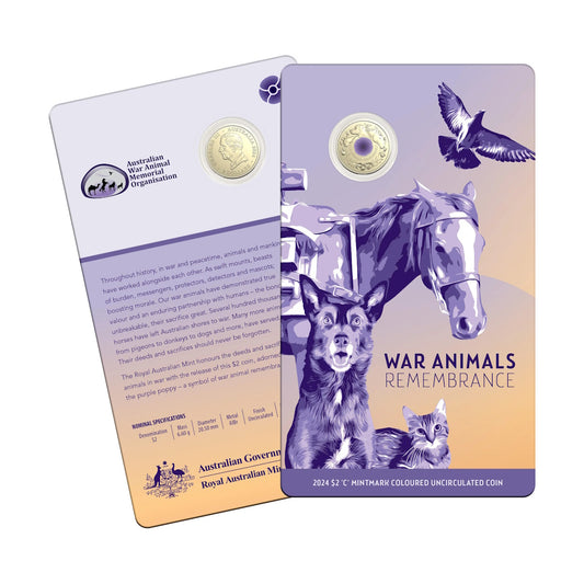 2024 War Animals Remembrance Purple Poppy $2 C Mintmark Coloured UNC Carded Coin