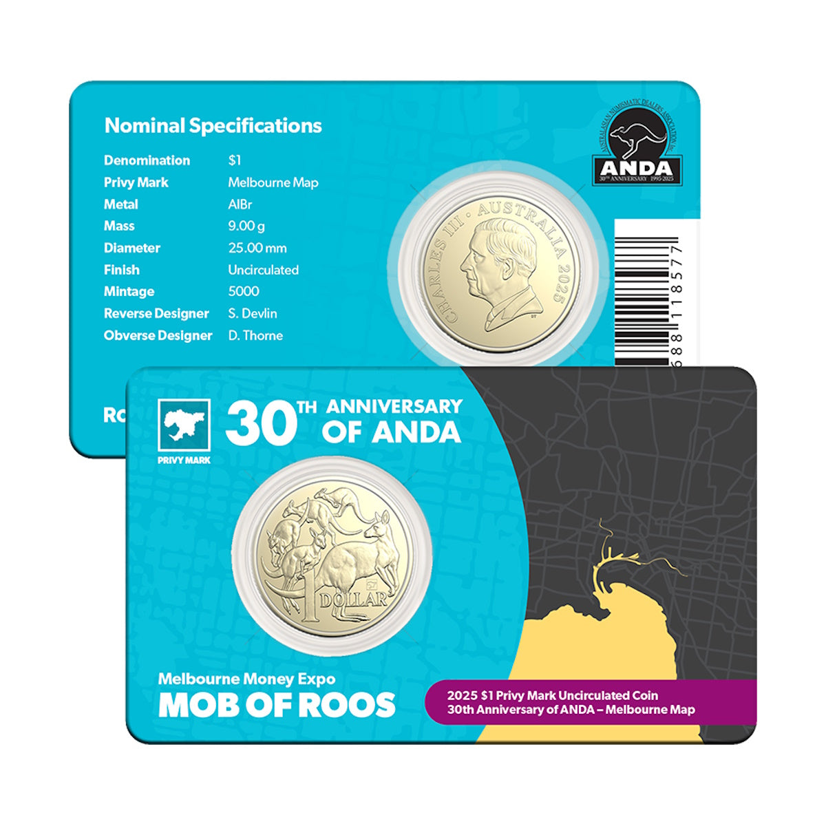 2025 Australia ANDA Melbourne Money Expo $1 ANDA 30th Anniversary Map of Melbourne Privymark Uncirculated Coin