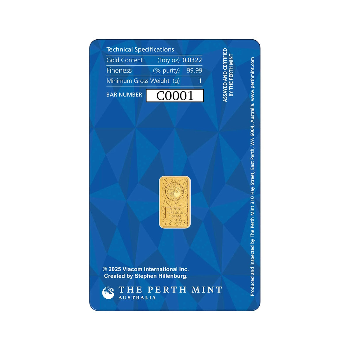 Perth Mint SpongeBob SquarePants 1g Gold Coloured Minted Bar