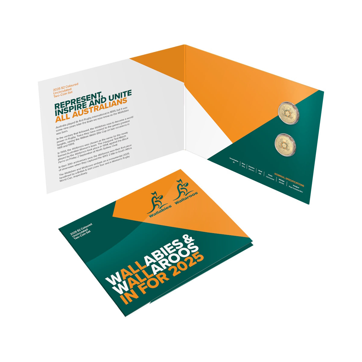 2025 $2 Uncirculated Coloured Two-Coin Set - Wallabies and Wallaroos Rugby Australia