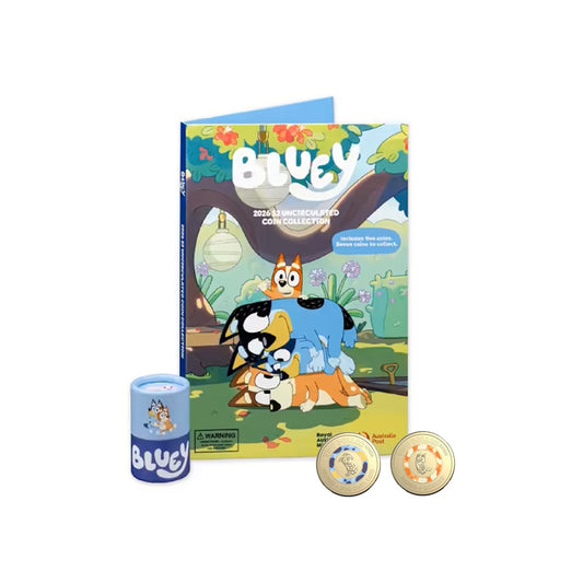 2026 Bluey 5 Coins Sealed Tube and Folder PLUS 2 Coloured Till Coins