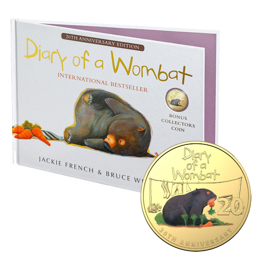 2022 20c Gold Plated Coloured UNC Coin - 20th Anniversary of Diary of a Wombat Deluxe Edition Book