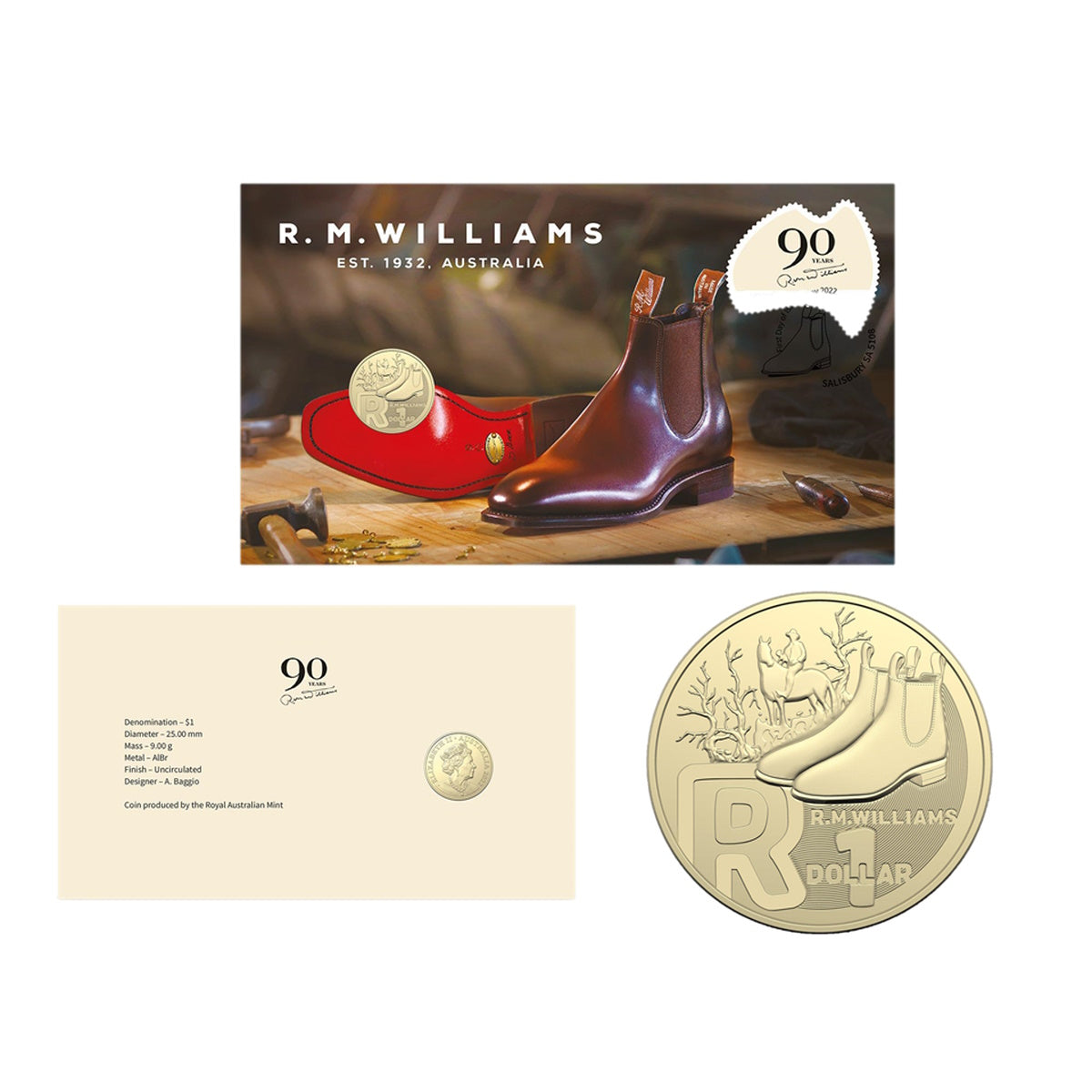 2022 R.M. Williams 90 Years PNC with RAM Great Aussie Coin Hunt 3 $1 "R" Coin