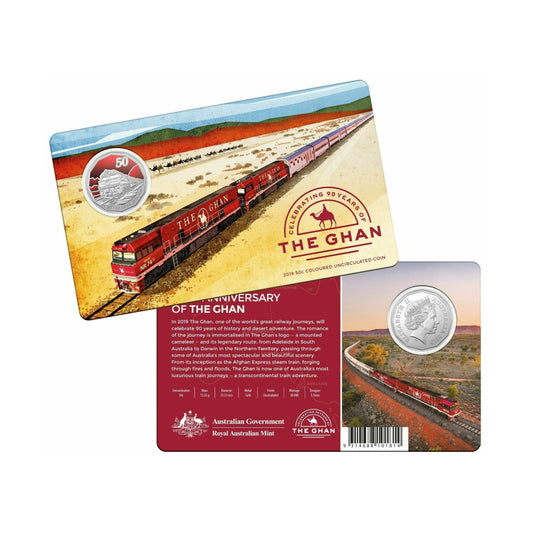 2019 Celebrating 90 Years of The Ghan UNC coloured 50 cents Carded Coin