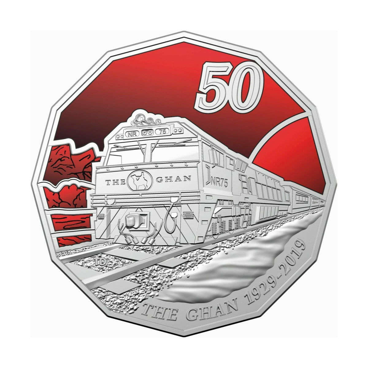 2019 Celebrating 90 Years of The Ghan UNC coloured 50 cents Carded Coin