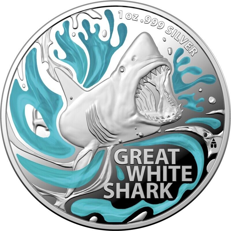 2022 1oz Great White Shark Silver Coloured Proof Coin