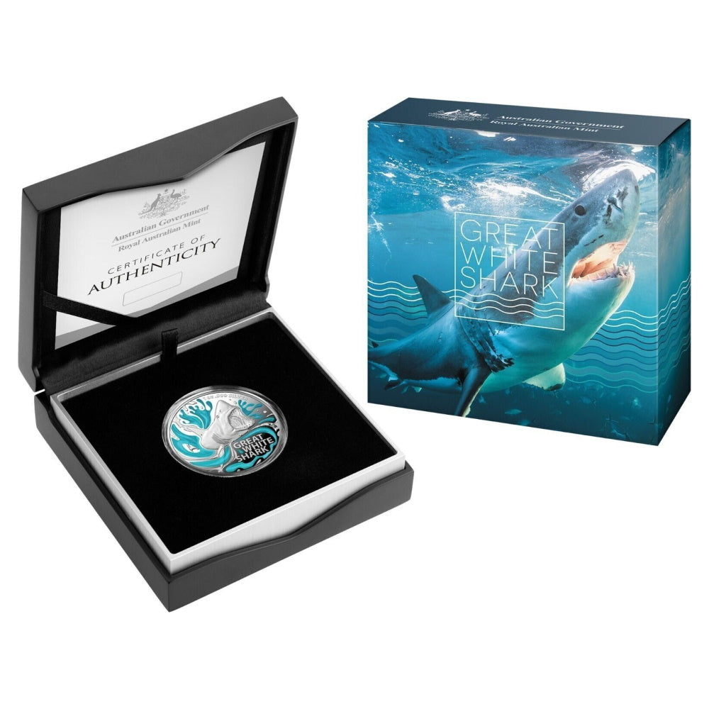 2022 1oz Great White Shark Silver Coloured Proof Coin